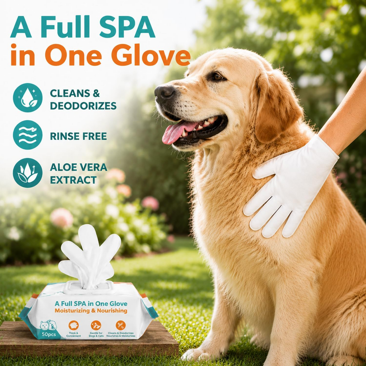 Pet Glove Wipes for Dogs & Cats – 50 Pcs Cleaning & Deodorizing Grooming Wipes with Aloe Vera, No-Rinse Fur Care Gloves for Daily Use & Travel
