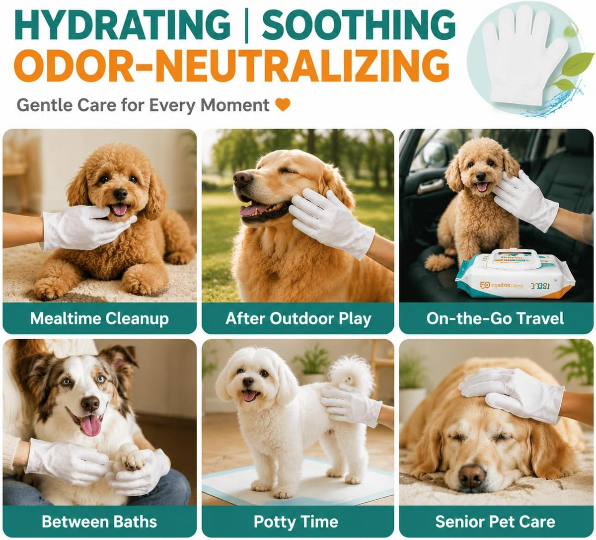 Pet Glove Wipes for Dogs & Cats – 50 Pcs Cleaning & Deodorizing Grooming Wipes with Aloe Vera, No-Rinse Fur Care Gloves for Daily Use & Travel