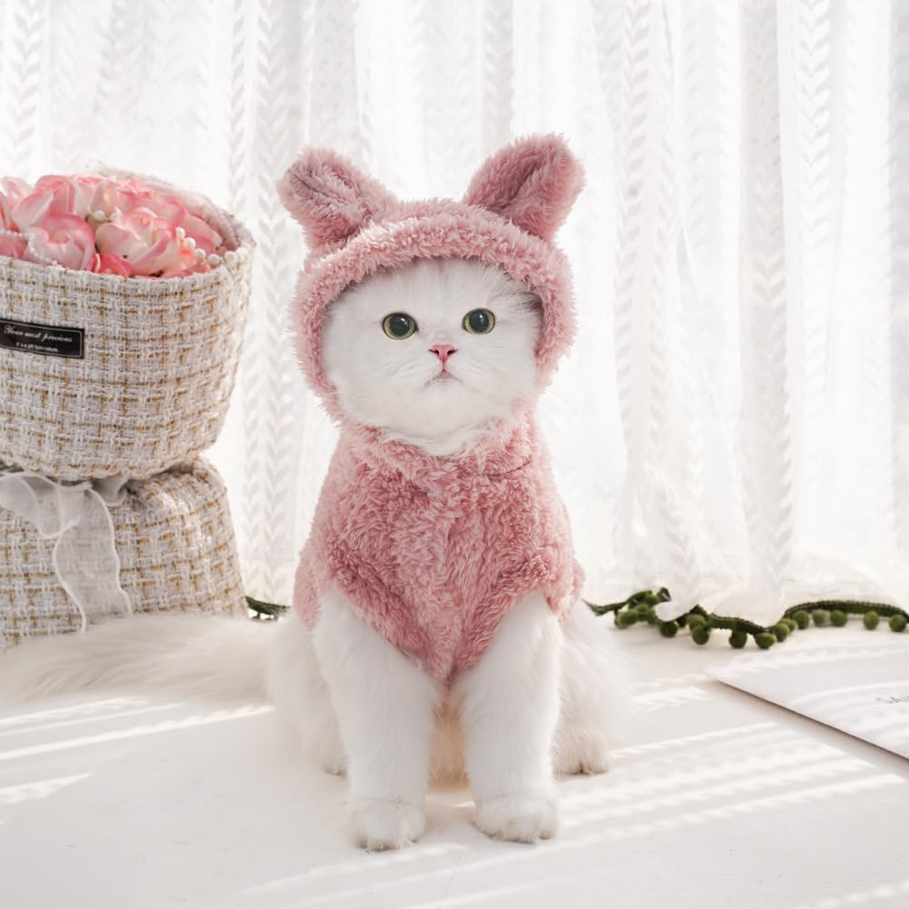 Bunny Ears Pet Hoodie – Soft Plush Costume Sweater for Cats, Kittens, Puppies and Small Pets, Cute Rabbit Ear Design with Front Closure