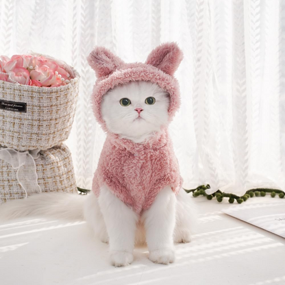 Bunny Ears Pet Hoodie – Soft Plush Costume Sweater for Cats, Kittens, Puppies and Small Pets, Cute Rabbit Ear Design with Front Closure