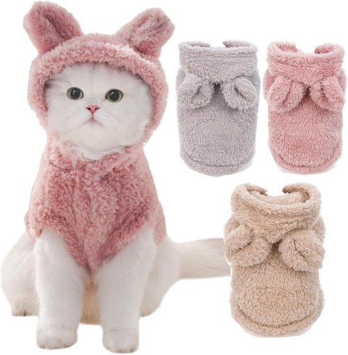 Bunny Ears Pet Hoodie – Soft Plush Costume Sweater for Cats, Kittens, Puppies and Small Pets, Cute Rabbit Ear Design with Front Closure