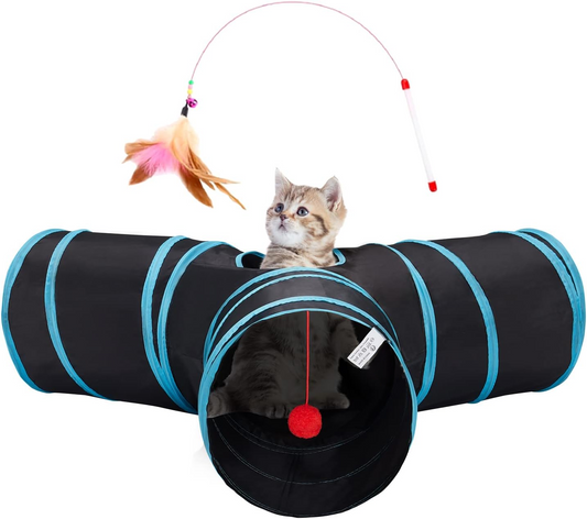 3-Way Collapsible Cat Tunnel Toy – Interactive Pet Play Tunnel with Peephole and Hanging Ball for Kittens, Cats, Puppies, Rabbits and Small Pets